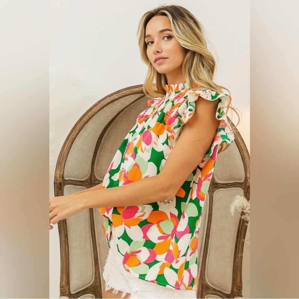 Like New BiBi Vibrant Floral Smocked Ruffle Blouse - Picture 3 of 5